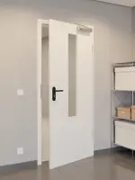 CloseUp-Flur-Milieuansicht von GARANT Rauchschutztür Weiß Struktur Premium CePaL mit Lichtausschnitt LA-5 mittig