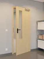 CloseUp-Flur-Milieuansicht von GARANT Rauchschutztür Authentic Asteiche CePaL mit Lichtausschnitt LA-5 schlossseitig