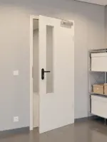CloseUp-Flur-Milieuansicht von GARANT Rauchschutztür Authentic Perl CePaL mit Lichtausschnitt LA-5 schlossseitig