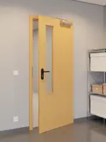 CloseUp-Flur-Milieuansicht von GARANT Rauchschutztür Buche Exklusiv CePaL mit Lichtausschnitt LA-5 schlossseitig