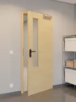 CloseUp-Flur-Milieuansicht von GARANT Rauchschutztür Quer Authentic Asteiche CePaL mit Lichtausschnitt LA-5 schlossseitig