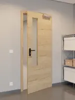 CloseUp-Flur-Milieuansicht von GARANT Rauchschutztür Quer Authentic Risseiche CePaL mit Lichtausschnitt LA-5 schlossseitig