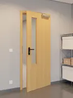 CloseUp-Flur-Milieuansicht von GARANT Rauchschutztür Eiche Premium CePaL mit Lichtausschnitt LA-5 schlossseitig