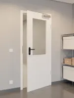 CloseUp-Flur-Milieuansicht von GARANT Rauchschutztür Authentic Bianco CePaL mit Lichtausschnitt LA-6