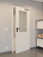 CloseUp-Flur-Milieuansicht von GARANT Rauchschutztür Authentic Perl CePaL mit Lichtausschnitt LA-6