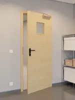 CloseUp-Flur-Milieuansicht von GARANT Rauchschutztür Quer Authentic Asteiche CePaL mit Lichtausschnitt LA-7