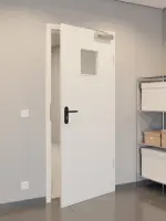 CloseUp-Flur-Milieuansicht von GARANT Rauchschutztür Weiß Struktur Premium CePaL mit Lichtausschnitt LA-7