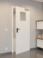 CloseUp-Flur-Milieuansicht von GARANT Rauchschutztür Authentic Bianco CePaL mit Lichtausschnitt LA-9