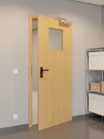 CloseUp-Flur-Milieuansicht von GARANT Rauchschutztür Eiche Premium CePaL mit Lichtausschnitt LA-9