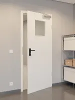 CloseUp-Flur-Milieuansicht von GARANT Rauchschutztür Weiß Struktur Premium CePaL mit Lichtausschnitt LA-9