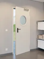 CloseUp-Milieuansicht von Außentür-Set Stahl mit Feuerschutzfunktion EI2 30-C5-SA 62-1 mit Rundverglasung inkl. Blockzarge - Teckentrup