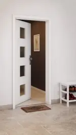 CloseUp-Milieuansicht von GARANT Wohnungseingangstür D354-60 Designer White Resopal mit Lichtausschnitt LA-10