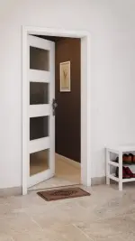 CloseUp-Milieuansicht von GARANT Wohnungseingangstür D354-60 Designer White Resopal mit Lichtausschnitt LA-11