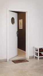 CloseUp-Milieuansicht von GARANT Wohnungseingangstür D354-60 Designer White Resopal mit Lichtausschnitt LA-12