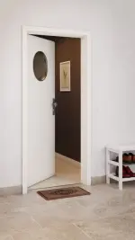 CloseUp-Milieuansicht von GARANT Wohnungseingangstür 0105-60 Pearl White CePaL mit Lichtausschnitt LA-13