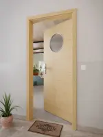 CloseUp-Milieuansicht von GARANT Wohnungseingangstür Quer Authentic Asteiche CePaL mit Lichtausschnitt LA-13