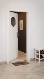 CloseUp-Milieuansicht von GARANT Wohnungseingangstür Weiß Struktur Premium CePaL mit Lichtausschnitt LA-13