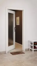 CloseUp-Milieuansicht von GARANT Wohnungseingangstür Weiß Struktur Premium CePaL mit Lichtausschnitt LA-2