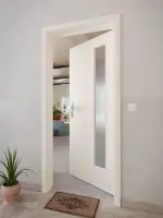 CloseUp-Milieuansicht von GARANT Wohnungseingangstür 0140-60 Dawn Resopal mit Lichtausschnitt LA-4 bandseitig