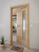 CloseUp-Milieuansicht von GARANT Wohnungseingangstür Quer Authentic Risseiche GCK08 mit Lichtausschnitt LA-4 bandseitig