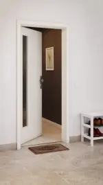 CloseUp-Milieuansicht von GARANT Wohnungseingangstür Weißlack 9010 mit Lichtausschnitt LA-4 bandseitig