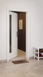 CloseUp-Milieuansicht von GARANT Wohnungseingangstür Weiß Struktur Premium CePaL mit Lichtausschnitt LA-4 bandseitig