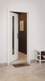 CloseUp-Milieuansicht von GARANT Wohnungseingangstür D354-60 Designer White Resopal mit Lichtausschnitt LA-4 mittig