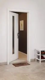 CloseUp-Milieuansicht von GARANT Wohnungseingangstür Weißlack 9016 mit Lichtausschnitt LA-4 mittig