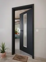 CloseUp-Milieuansicht von GARANT Wohnungseingangstür U12000SD Vulkanschwarz GHK08 mit Lichtausschnitt LA-4 mittig