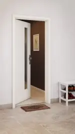 CloseUp-Milieuansicht von GARANT Wohnungseingangstür 0105-60 Pearl White CePaL mit Lichtausschnitt LA-4 schlossseitig