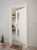 CloseUp-Milieuansicht von GARANT Wohnungseingangstür 0140-60 Dawn Resopal mit Lichtausschnitt LA-4 schlossseitig