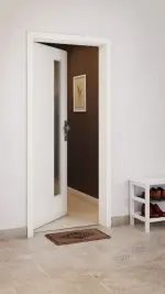 CloseUp-Milieuansicht von GARANT Wohnungseingangstür U11026SD Kristallweiß GHK08 mit Lichtausschnitt LA-4 schlossseitig