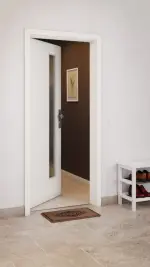 CloseUp-Milieuansicht von GARANT Wohnungseingangstür W1000ST3 Premium Weiß GHK08 mit Lichtausschnitt LA-4 schlossseitig