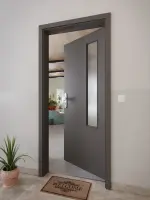 CloseUp-Milieuansicht von GARANT Wohnungseingangstür 10622-60 Ebony CePaL mit Lichtausschnitt LA-5 bandseitig