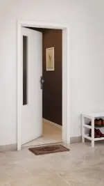 CloseUp-Milieuansicht von GARANT Wohnungseingangstür Quer Authentic Bianco GCK08 mit Lichtausschnitt LA-5 bandseitig