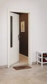 CloseUp-Milieuansicht von GARANT Wohnungseingangstür Weißlack 9010 mit Lichtausschnitt LA-5 bandseitig