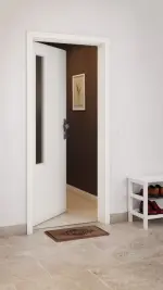 CloseUp-Milieuansicht von GARANT Wohnungseingangstür U11026SD Kristallweiß GHK08 mit Lichtausschnitt LA-5 bandseitig