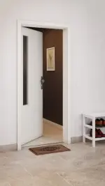 CloseUp-Milieuansicht von GARANT Wohnungseingangstür Weiß Struktur Premium GCK08 mit Lichtausschnitt LA-5 bandseitig