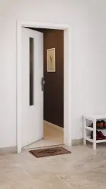 CloseUp-Milieuansicht von GARANT Wohnungseingangstür Weißlack 9016 mit Lichtausschnitt LA-5 mittig