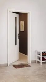 CloseUp-Milieuansicht von GARANT Wohnungseingangstür 0105-60 Pearl White CePaL mit Lichtausschnitt LA-5 schlossseitig