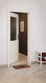 CloseUp-Milieuansicht von GARANT Wohnungseingangstür Weißlack 9010 CePaL mit Lichtausschnitt LA-6