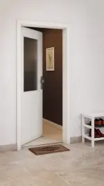 CloseUp-Milieuansicht von GARANT Wohnungseingangstür Weiß Struktur Premium CePaL mit Lichtausschnitt LA-6