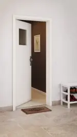 CloseUp-Milieuansicht von GARANT Wohnungseingangstür 0105-60 Pearl White CePaL mit Lichtausschnitt LA-9