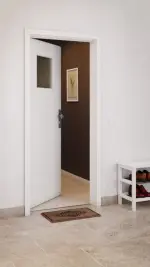 CloseUp-Milieuansicht von GARANT Wohnungseingangstür D354-60 Designer White Resopal mit Lichtausschnitt LA-9