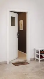 CloseUp-Milieuansicht von GARANT Wohnungseingangstür Weiß Struktur Premium CePaL mit Lichtausschnitt LA-9