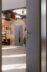 CloseUp-Milieuansicht von Strukturiert Hygge Grau LA 24 bandseitig Basic Innentür - Huga