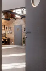 CloseUp-Milieuansicht von Strukturiert Hygge Grau LA Bullauge Basic Innentür - Huga