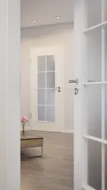 CloseUp-Milieuansicht von Landhaus 1 LA Sprosse 2/4 Classic Durat Verkehrsweiß RAL 9016 Innentür - Huga