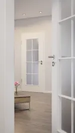 CloseUp-Milieuansicht von HUGA Innentür Landhaus 1 Weißlack Classic mit Lichtausschnitt LA Sprosse 2/4