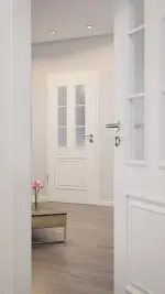 CloseUp-Milieuansicht von HUGA Innentür Landhaus 3 Weißlack Classic mit Lichtausschnitt LA Sprosse 1/3